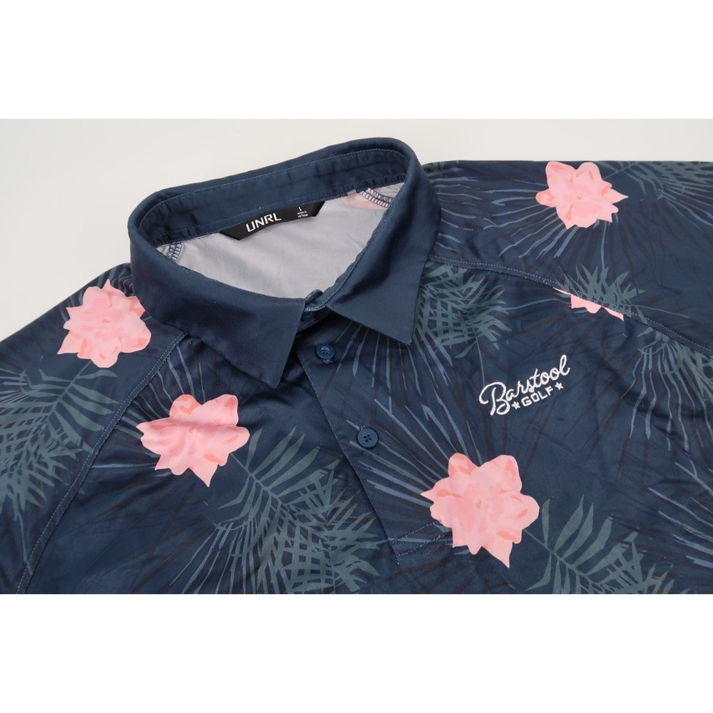 UNRL Barstool Golf Polo Mens Large Navy Pink Floral Tropical Performance Shirt